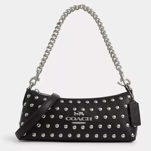 Coach Black Leather Studded Shoulder Bag with Silver Chain